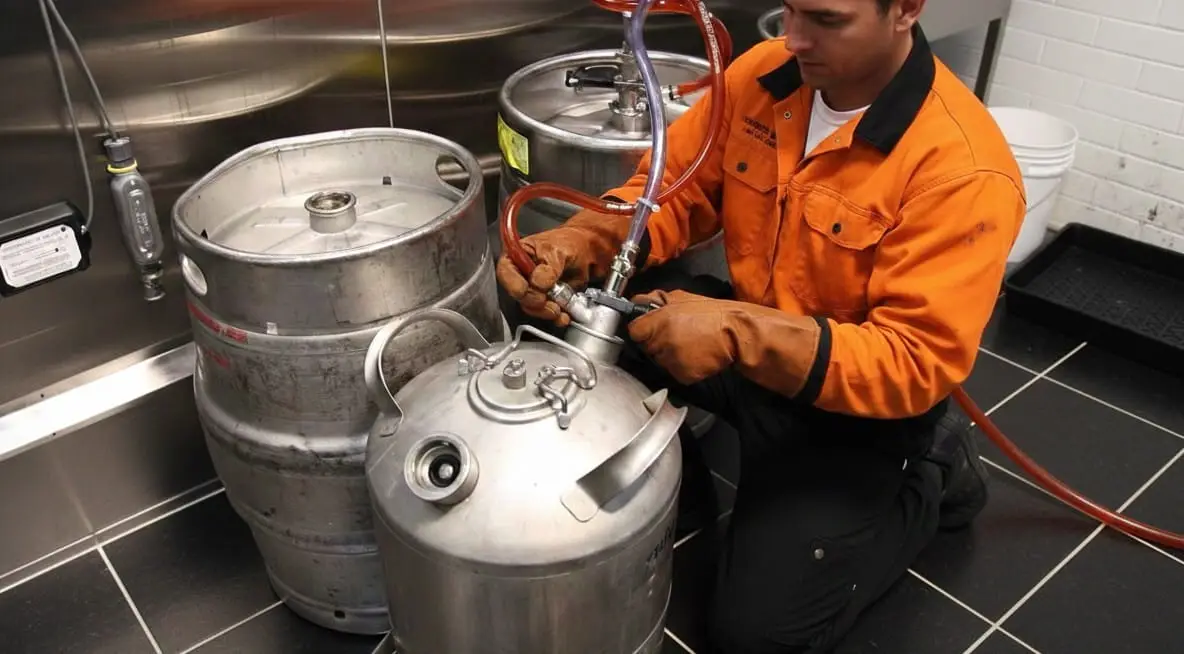 Technician in an orange work shirt kneeling beside stainless kegs, connecting red hoses and couplers during commercial beer line cleaning.