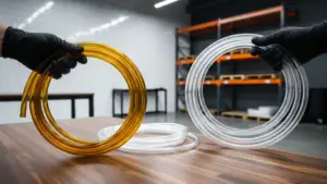Two gloved hands holding a brown-stained coil of beer line and a clear clean coil over a table in a storage area, illustrating commercial beer line cleaning.