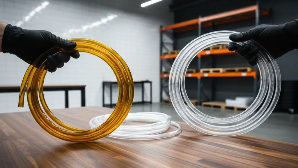 Two gloved hands holding a brown-stained coil of beer line and a clear clean coil over a table in a storage area, illustrating commercial beer line cleaning.