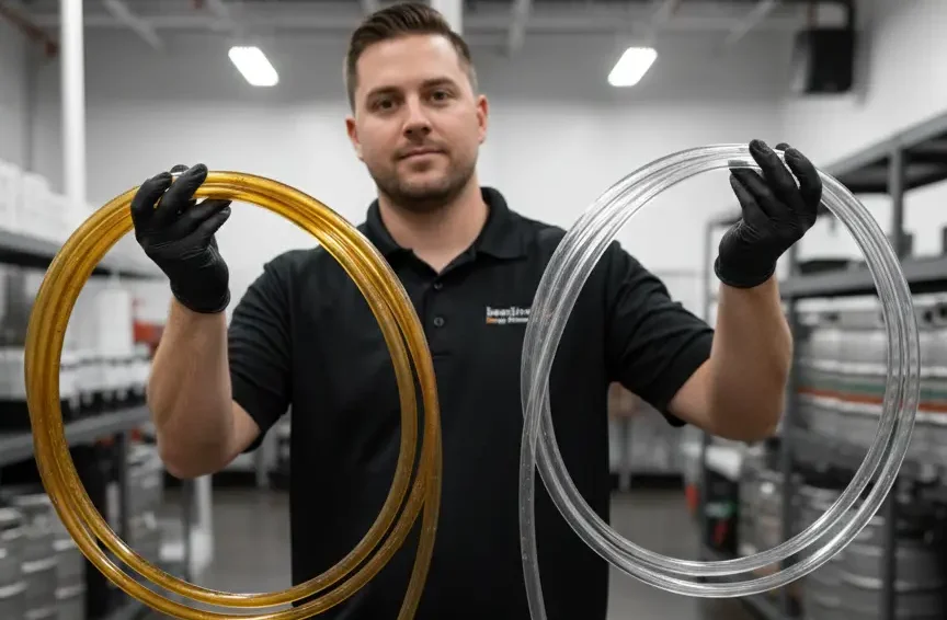 Person wearing black gloves and a black polo holding a coiled brown-stained beer line in one hand and a clear clean beer line in the other in a keg storage area, illustrating commercial beer line cleaning.