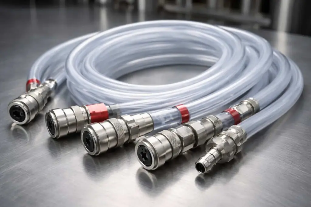 A clear beer lines with stainless steel fittings and red accents lies on a metal surface