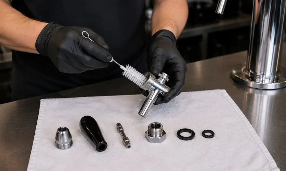 Person cleaning and disassembling a chrome beer tap faucet with a brush