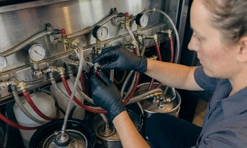 A technician wearing black nitrile gloves adjusting a valve on a complex commercial draft beer system