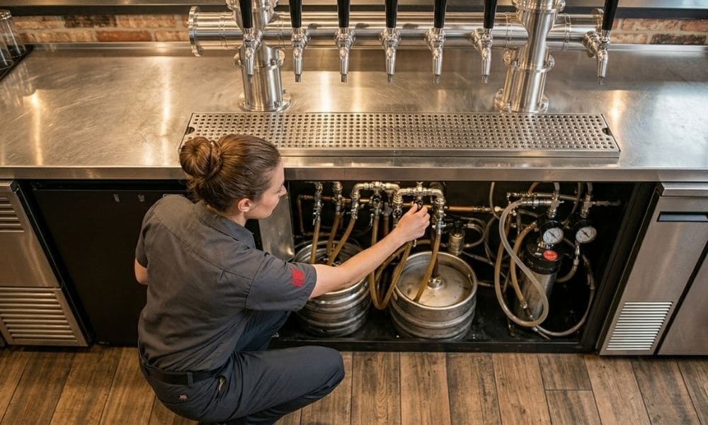A high-angle view of a technician adjusting gas and liquid lines connected to kegs underneath a multi-tap commercial bar system.