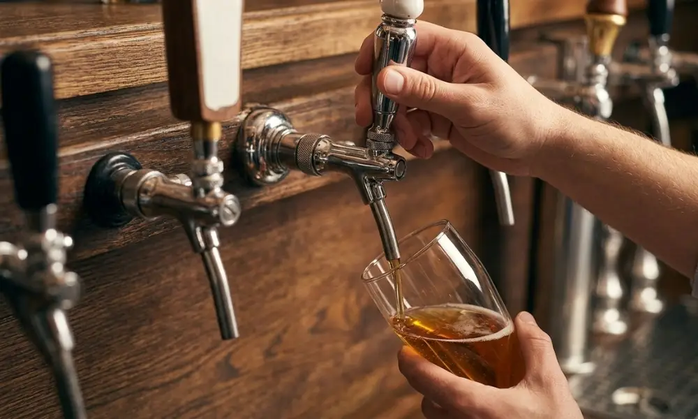 A close-up view of a bartender's hands pouring a fresh, amber beer