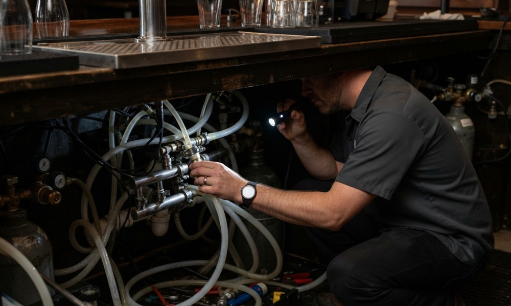 a technician inspecting a complex draft beer line and manifold system