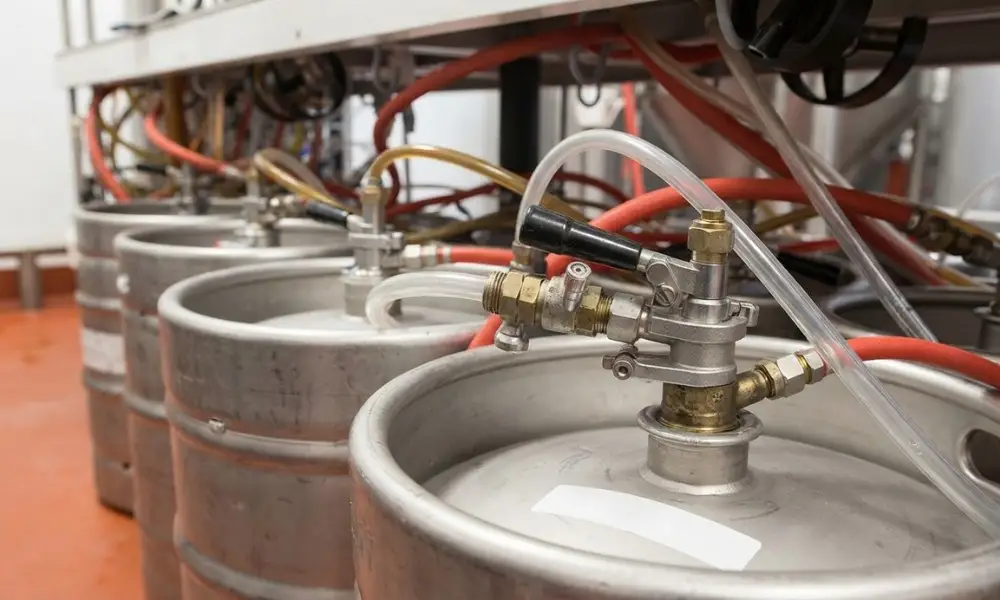 A row of stainless steel beer kegs connected to clear and red distribution lines in a brewery cold room