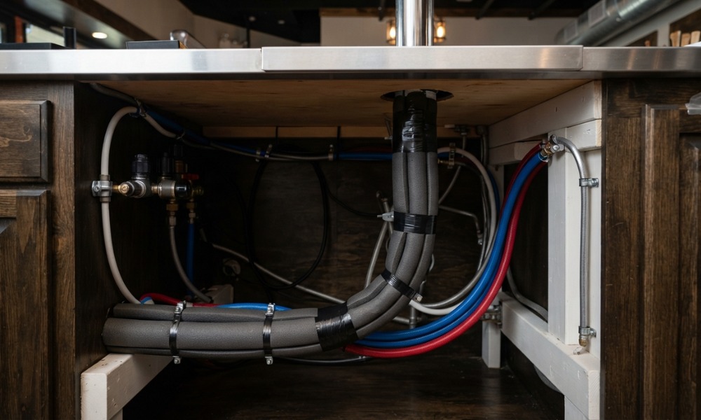 underside of a commercial bar setup showing insulated python lines for glycol cooling