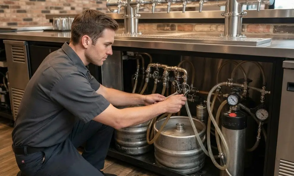 a technician uses a wrench to adjust a draft beer line connection