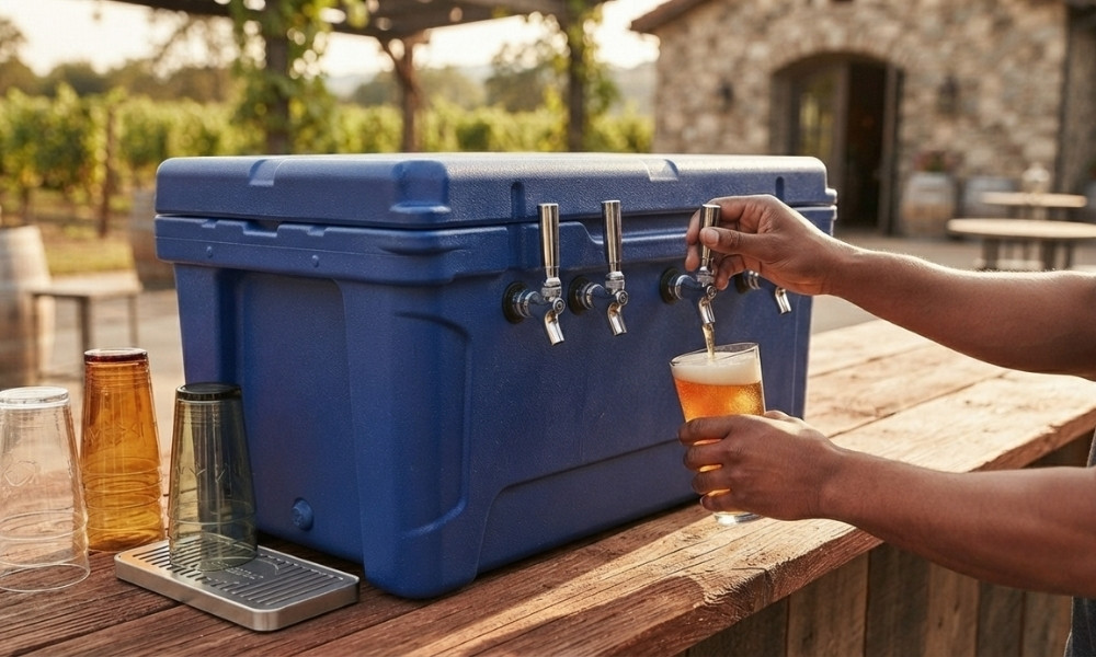 blue jockey box features multiple stainless steel taps