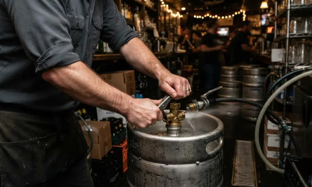 Close-up of a bartender connecting a tap coupler to a metal beer keg