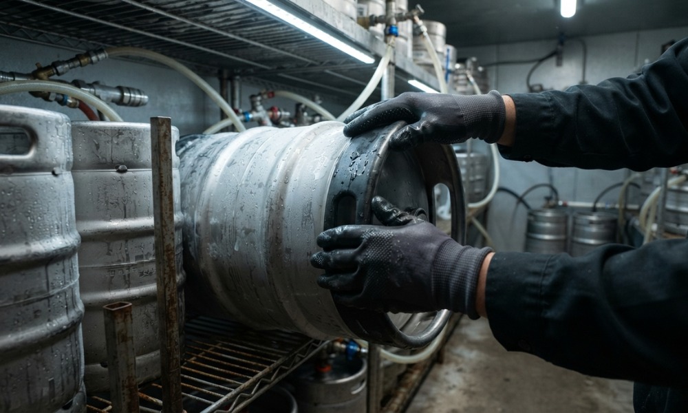 Worker in black gloves rolling a metal beer keg onto a refrigerated storage shelf