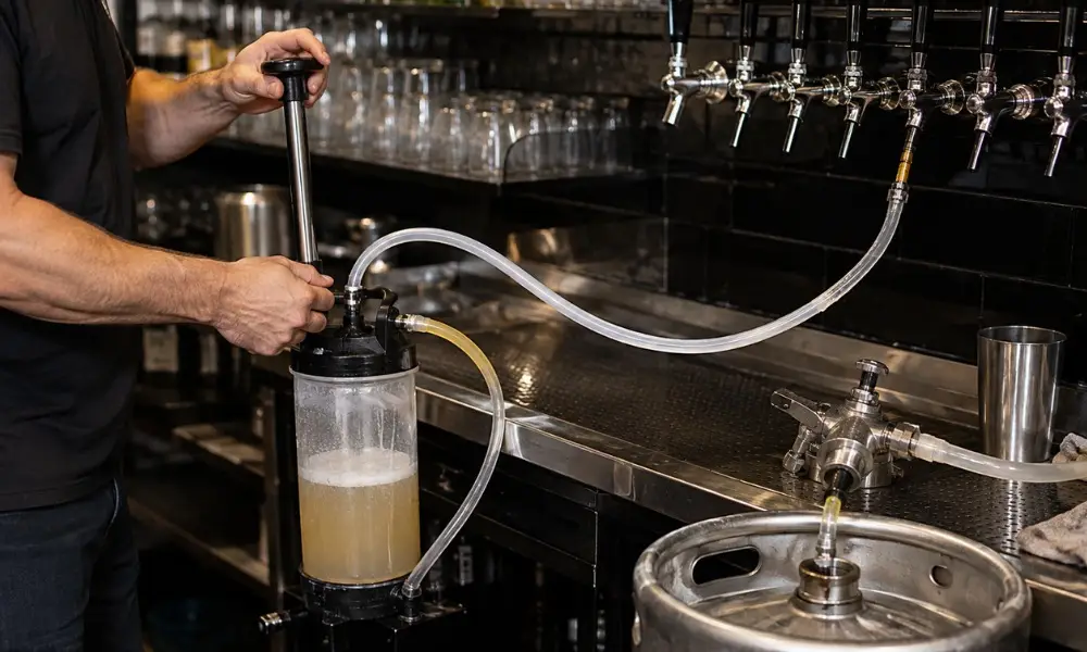 Bartender using a manual pump cleaning canister