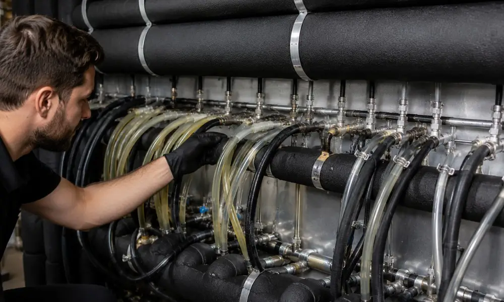 Technician inspecting rows of clear and black fluid tubes connected to industrial machinery