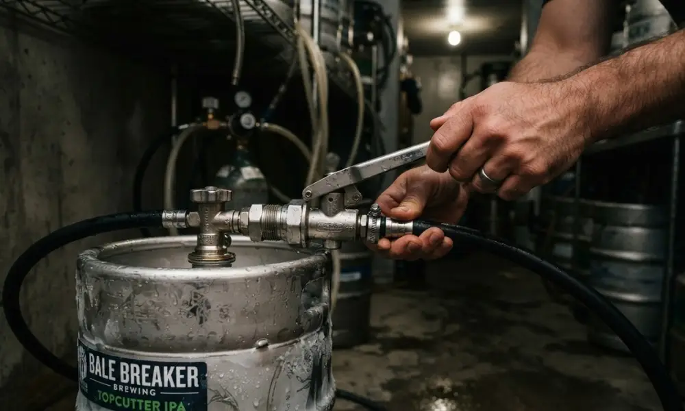 stainless steel beer keg coupler being disconnected