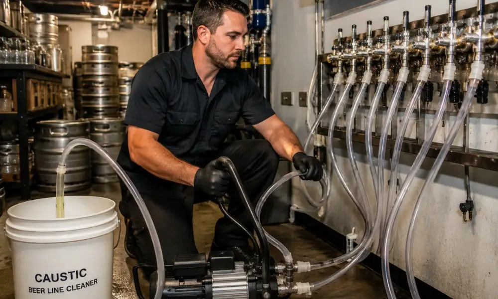male technician pumping caustic cleaning solution