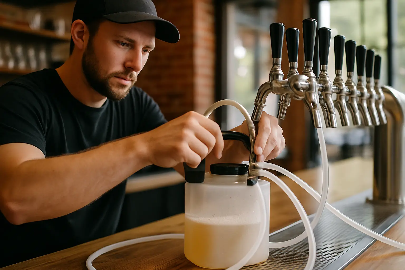 connecting plastic tubes from a cleaning keg to a draft beer tap