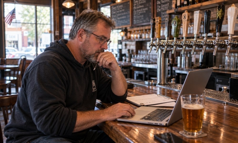 using a laptop next to a glass of beer and beer taps
