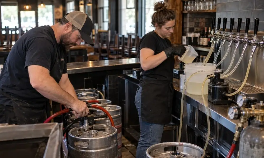 Two workers cleaning draft beer lines