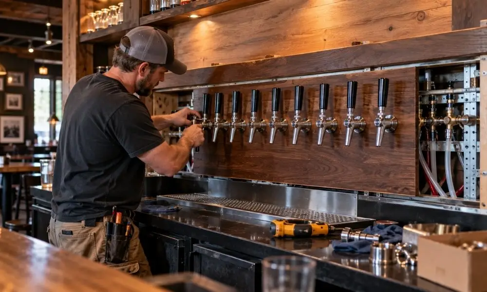 commercial draft-system contractor is actively installing the tap wall behind the bar