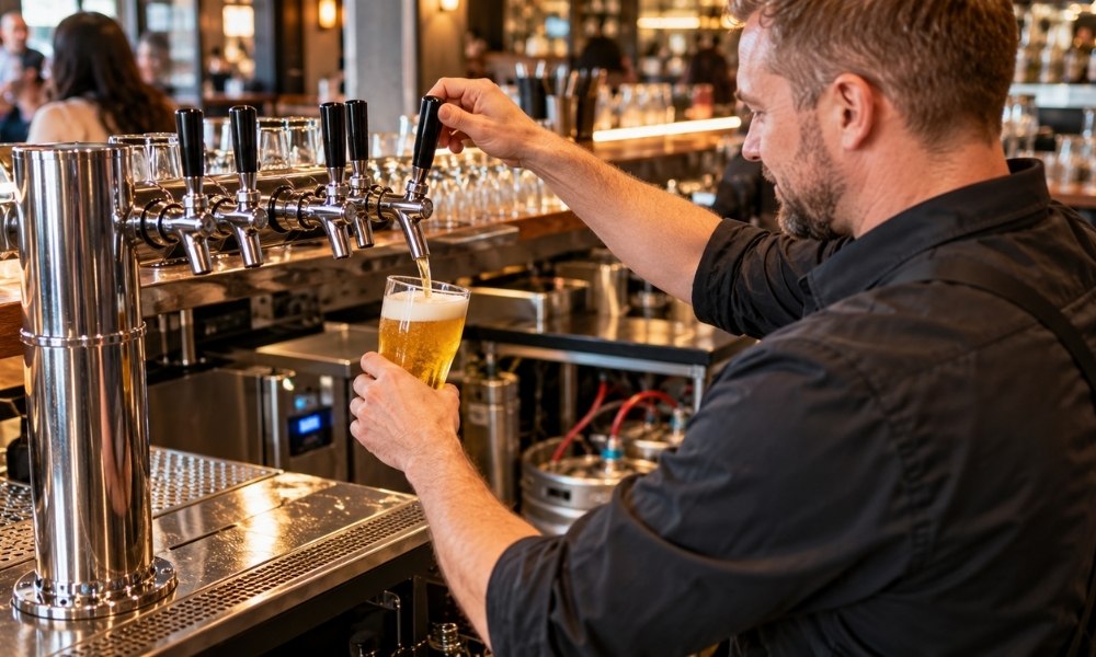 a bartender pouring a glass of pale golden craft beer